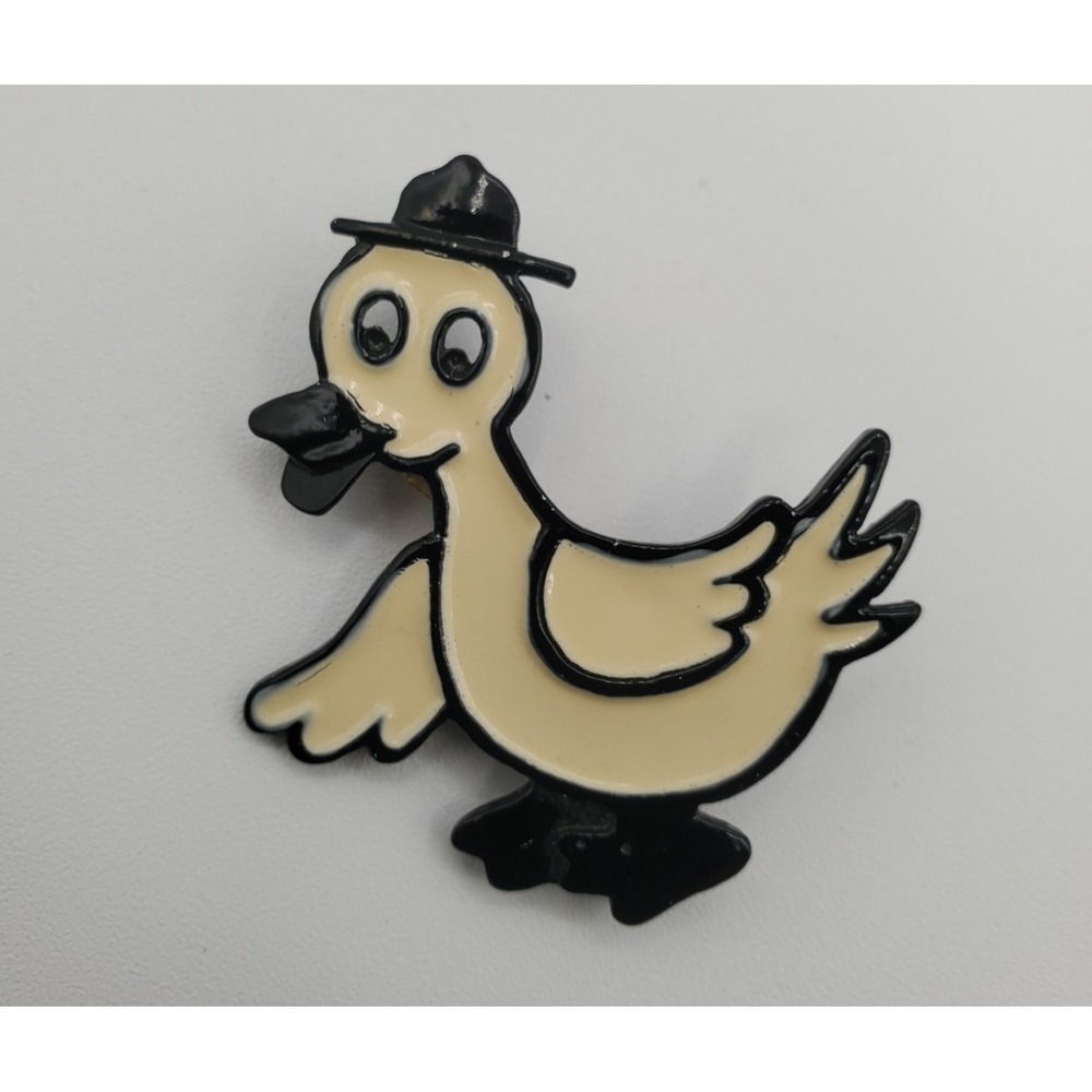 Vtg Black &‎ White Enamel Duck w a Hat Brooch Pin